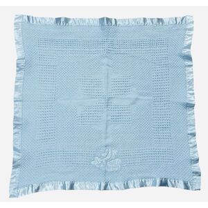 Kidgets Blue Waffle Weave Satin Edge Bless This Baby Blanket 28x29 Thermal Throw